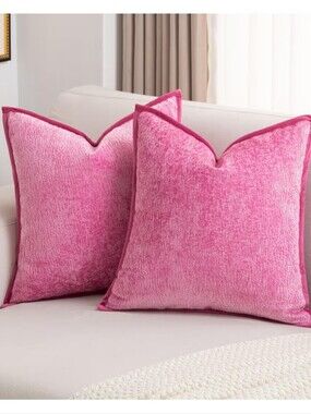 Futei NWT 2pc 26" Large Chenille Throw Pillow Covers Velvet Back In Hot Pink